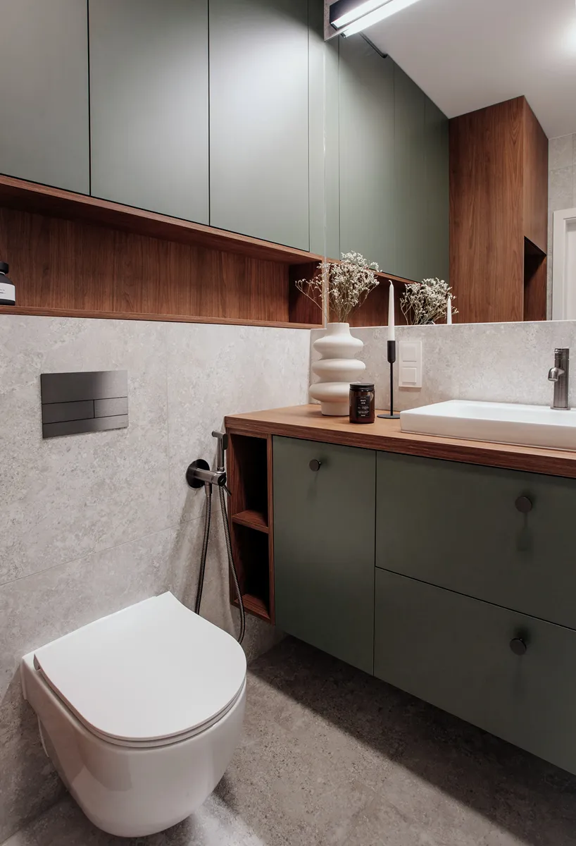 Łazienka z zielonymi szafkami